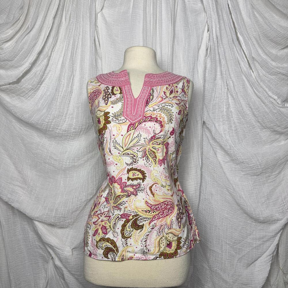 Preppy Boho Saint Tropez West Pink Paisley Linen Blend Top S